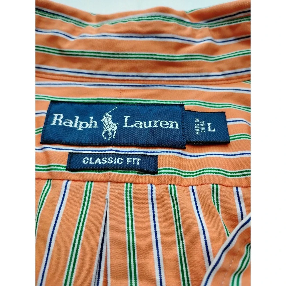 Polo Ralph Lauren Custom Fit Shirt L Orange Striped Button Up Long Sleeve